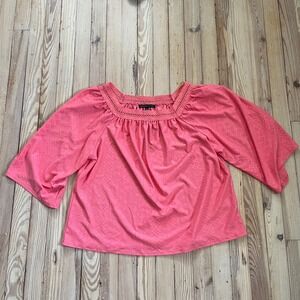 Adrienne Vittadini Blouse Womens Large Coral Pink‎ Eyelet Lace Square Neck Top